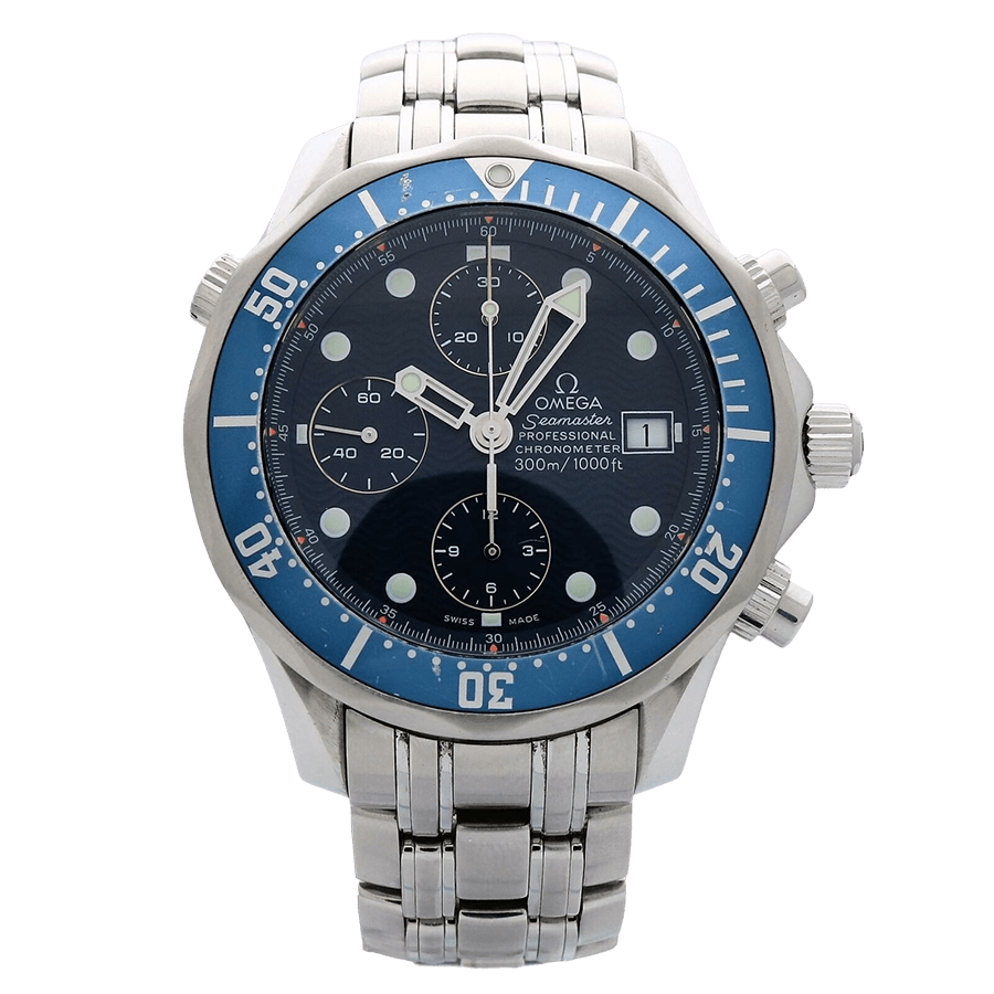 A silver omega-seamaster watch with a blue face and black dial.